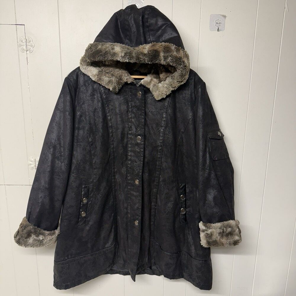 Nuage  Hooded Faux Fur Trim Full Length Jacket Designer Black Women Size 3X EUC